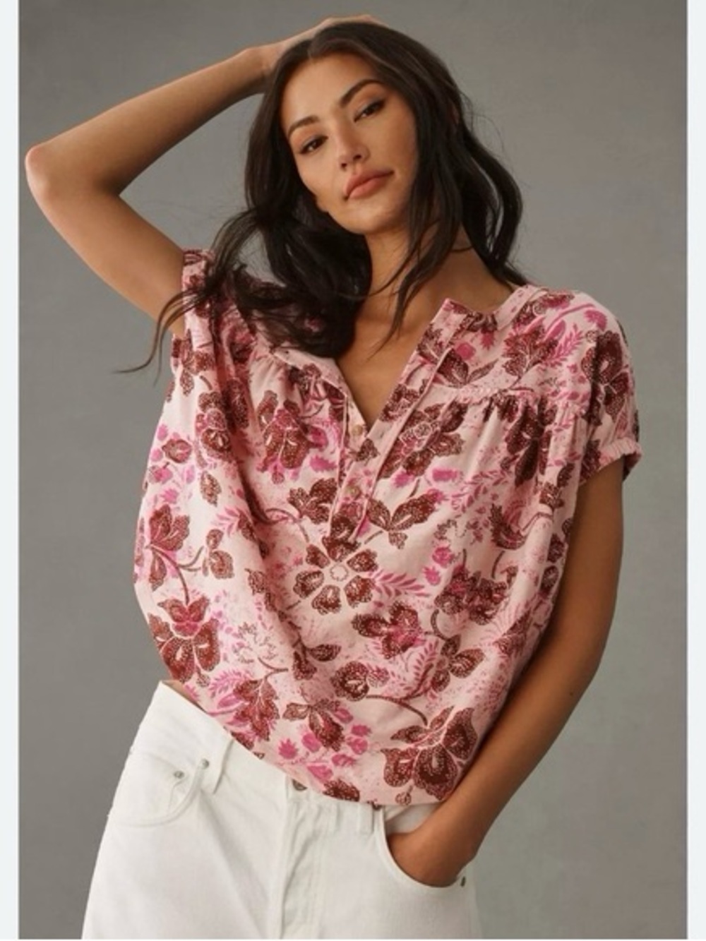 Pilcro Pink Floral ruched Henley Split-Neck Women's Blouse msrp $68